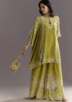 Light Green Floral Printed Kaftaan Kurta With Moti Work Palazzo And Side Pouch Bag