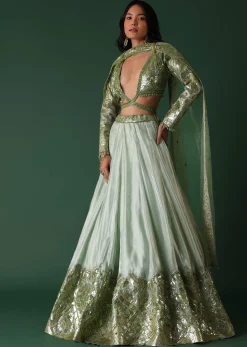Light Green Foil Printed Bridal Lehenga And Blouse In Organza