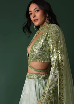 Light Green Foil Printed Bridal Lehenga And Blouse In Organza