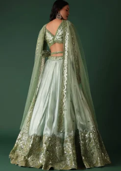 Light Green Foil Printed Bridal Lehenga And Blouse In Organza