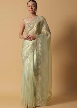 Light Green Foil Saree In Tissue With Cut Dana Embroidered Borders
