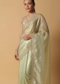 Light Green Foil Saree In Tissue With Cut Dana Embroidered Borders