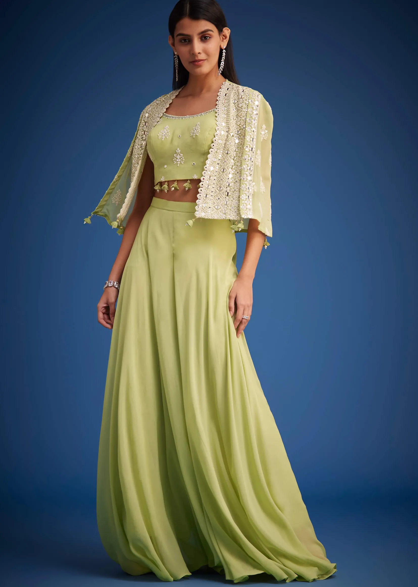 Light Green Georgette Embroidered Cape Palazzo Set