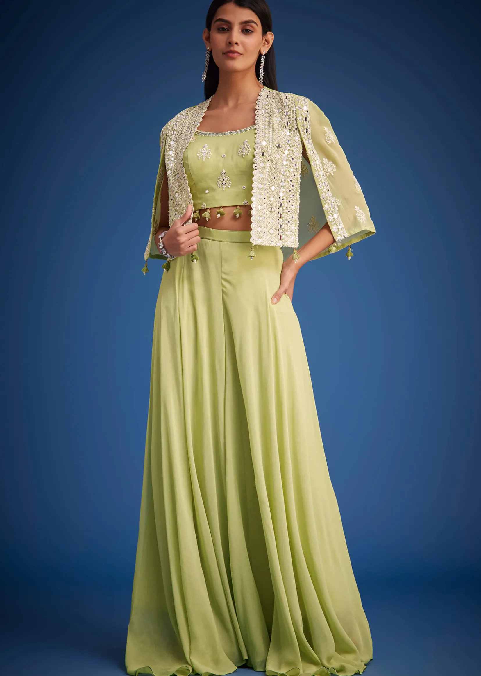 Light Green Georgette Embroidered Cape Palazzo Set
