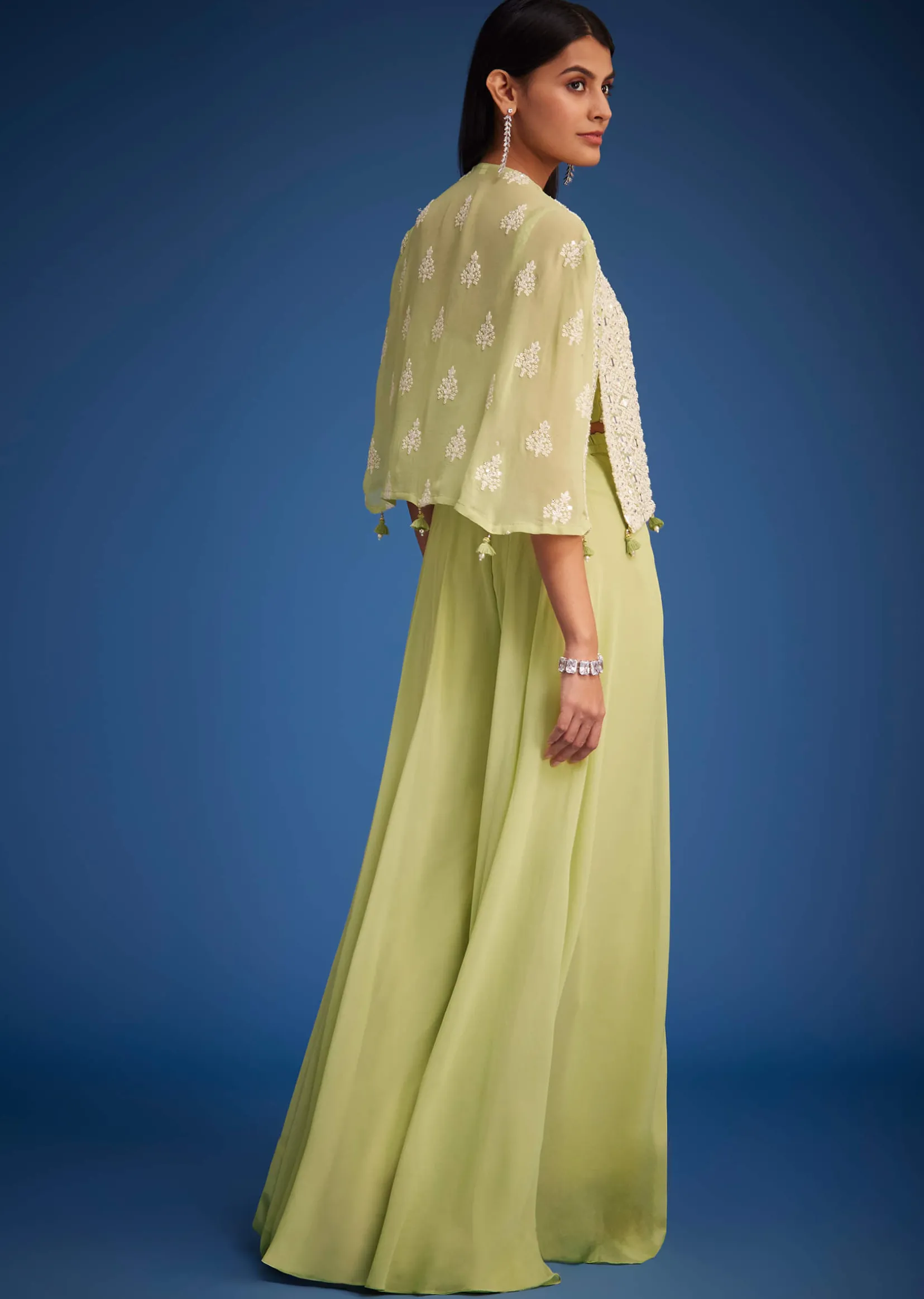 Light Green Georgette Embroidered Cape Palazzo Set