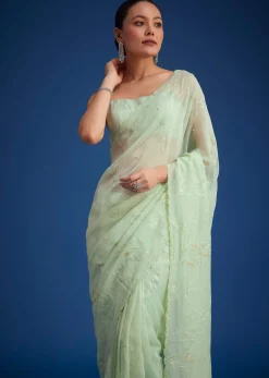 Light Green Georgette Saree With Cutdana And Bead Embroidery