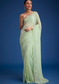 Light Green Georgette Saree With Cutdana And Bead Embroidery