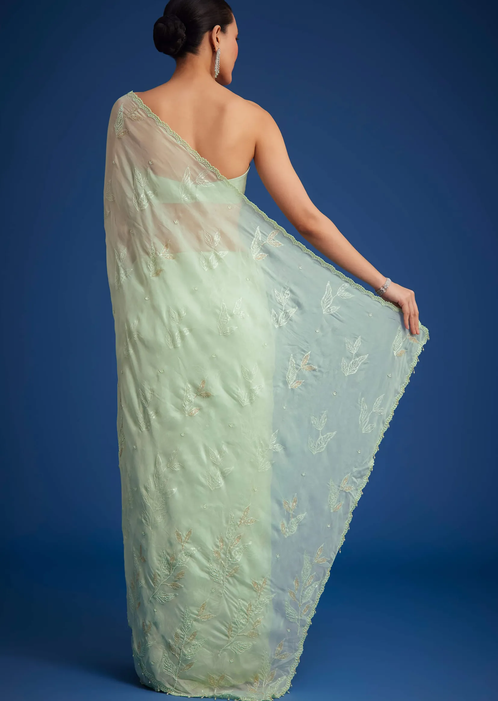 Light Green Georgette Saree With Cutdana And Bead Embroidery