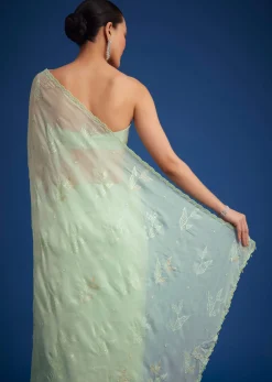 Light Green Georgette Saree With Cutdana And Bead Embroidery