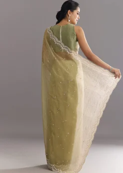 Light Green Glossy Crushed Tissue Saree With Cutdana Sequins Embroidery And Scallop Border
