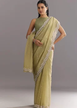 Light Green Glossy Crushed Tissue Saree With Cutdana Sequins Embroidery And Scallop Border