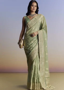 Light Green Jacquard Silk Saree With Zari Woven Embroidery
