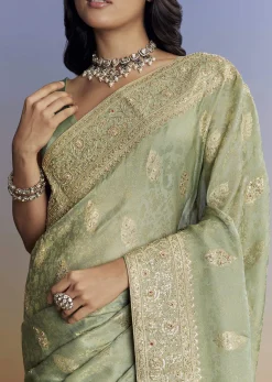 Light Green Jacquard Silk Saree With Zari Woven Embroidery