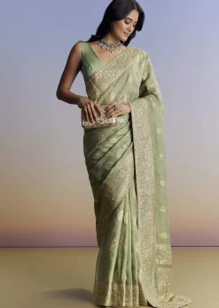 Light Green Jacquard Silk Saree With Zari Woven Embroidery