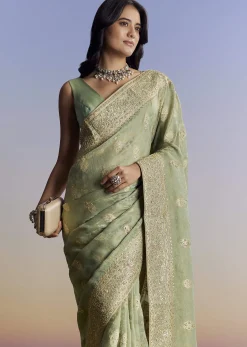 Light Green Jacquard Silk Saree With Zari Woven Embroidery