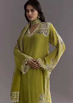 Light Green Moti Embroidered Kurta With Printed Palazzo