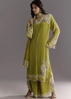 Light Green Moti Embroidered Kurta With Printed Palazzo