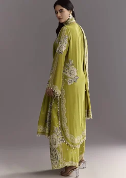 Light Green Moti Embroidered Kurta With Printed Palazzo