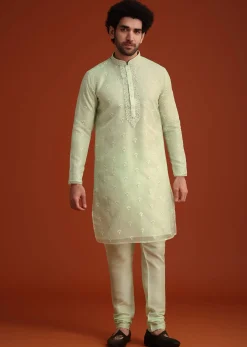 Light Green Organza Aligarhi Kurta With Zari Embroidery