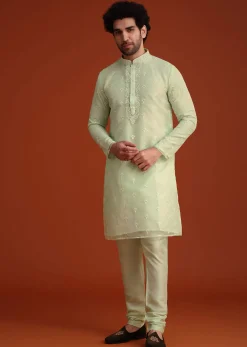 Light Green Organza Aligarhi Kurta With Zari Embroidery
