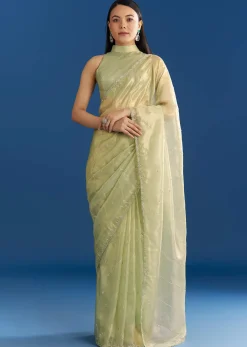 Light Green Organza Tissue Saree With Embroidered Scallop Border