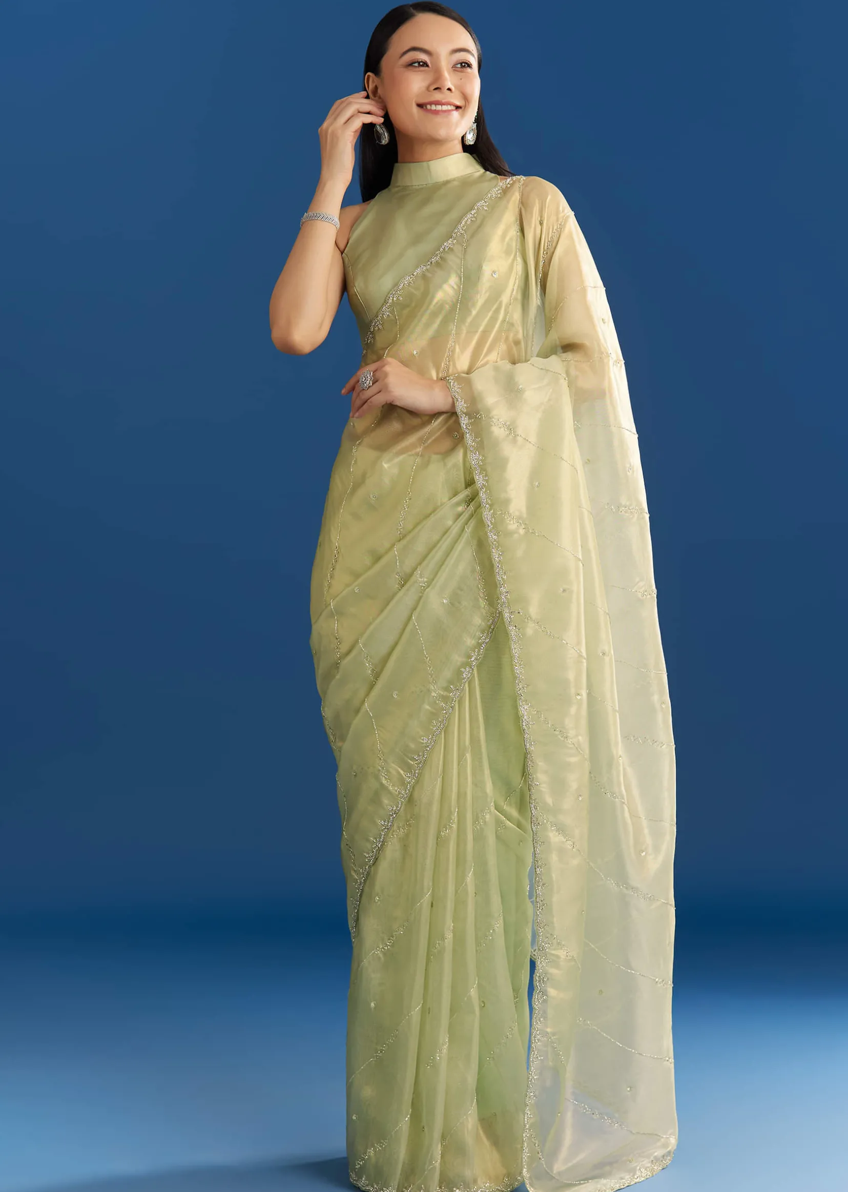 Light Green Organza Tissue Saree With Embroidered Scallop Border