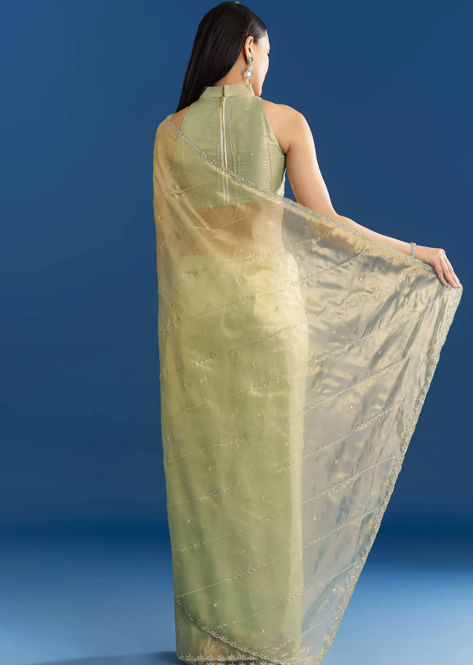 Light Green Organza Tissue Saree With Embroidered Scallop Border
