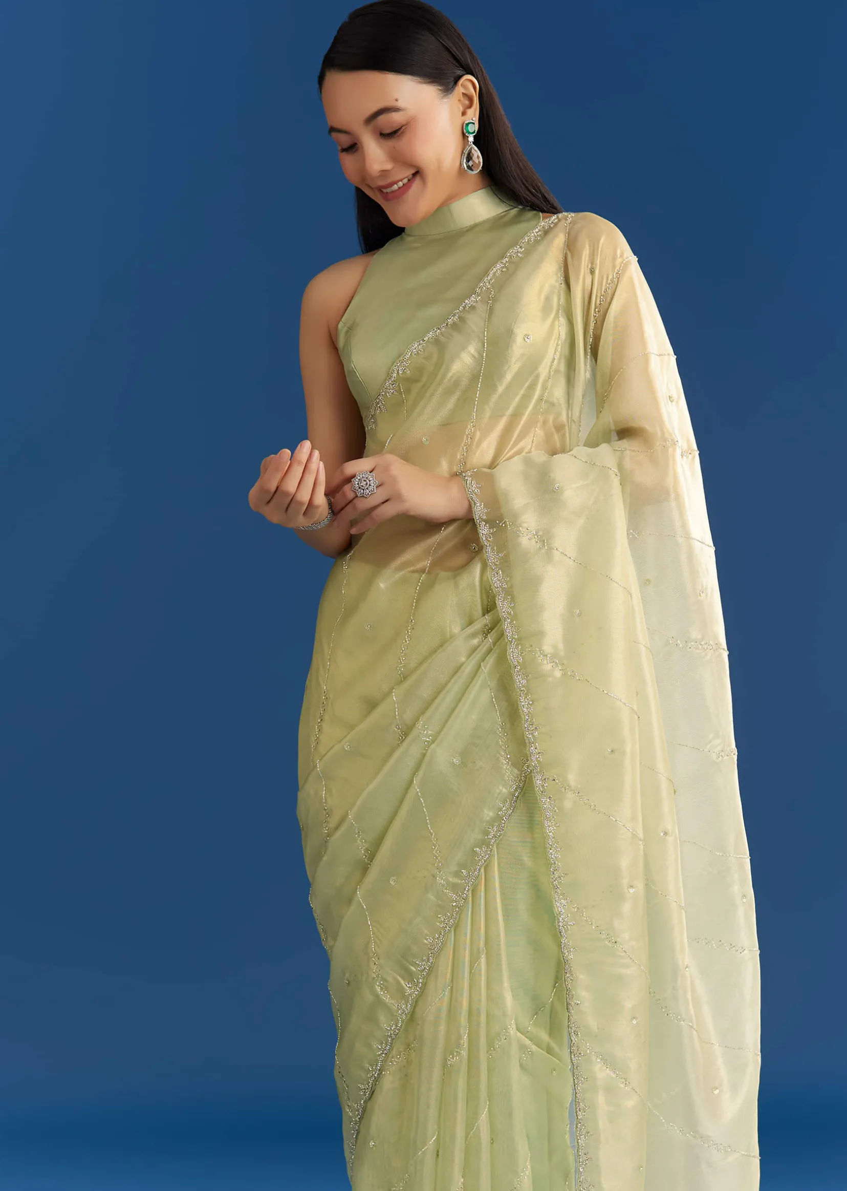 Light Green Organza Tissue Saree With Embroidered Scallop Border
