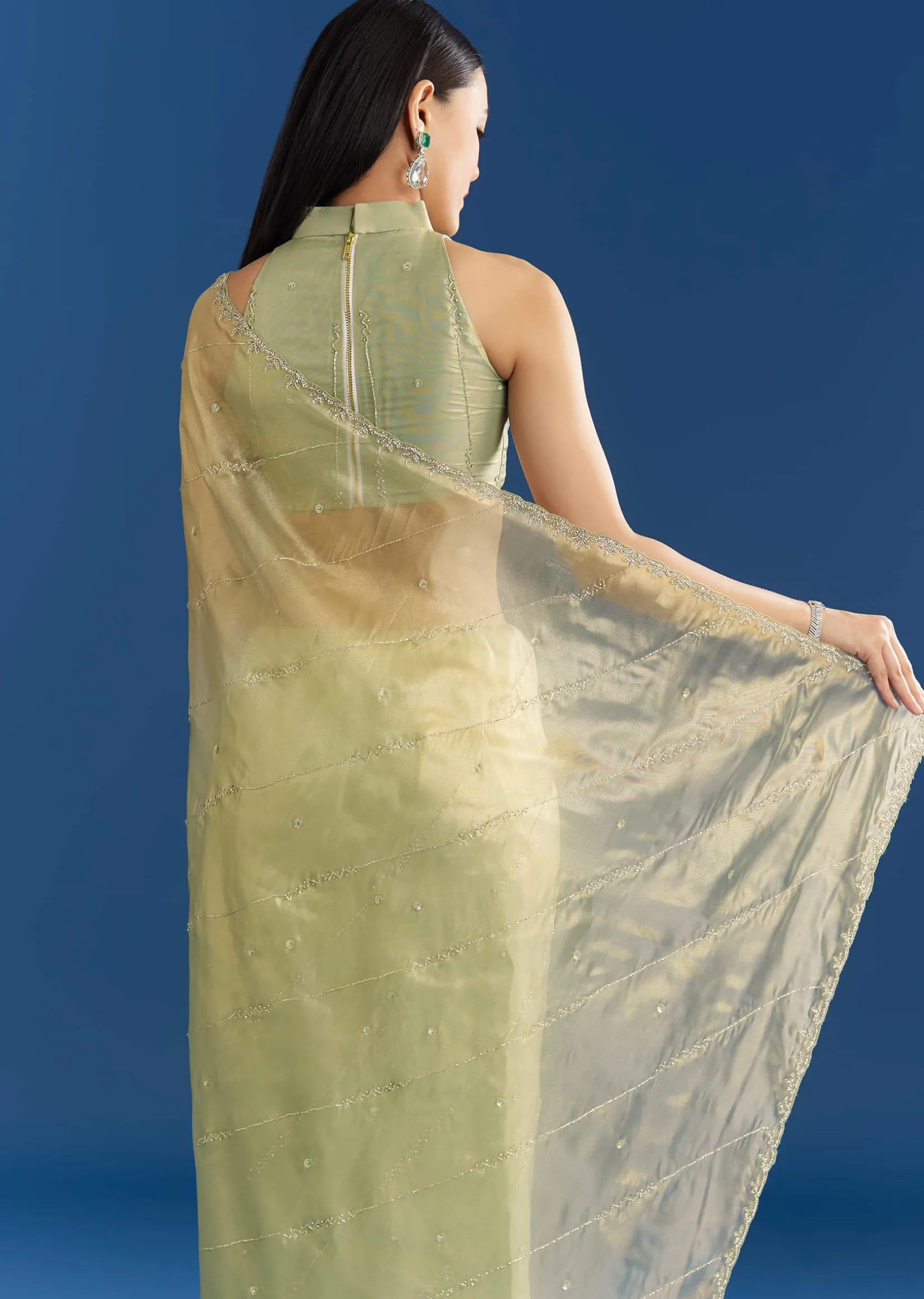 Light Green Organza Tissue Saree With Embroidered Scallop Border