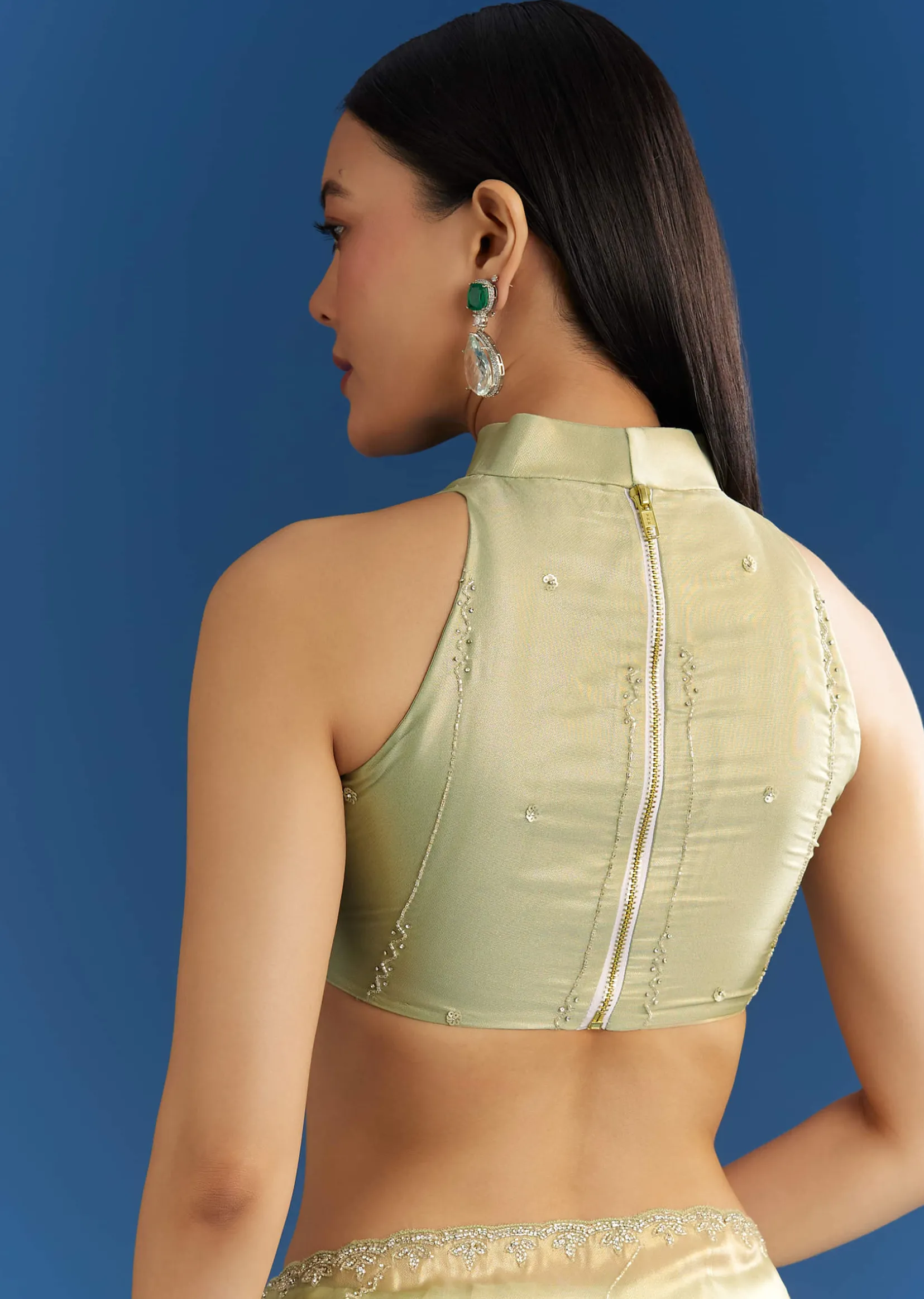 Light Green Organza Tissue Saree With Embroidered Scallop Border