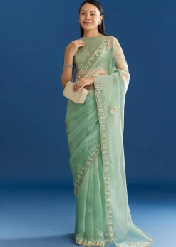 Light Green Organza Tissue Saree With Beaded Scallop Edge
