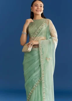 Light Green Organza Tissue Saree With Beaded Scallop Edge