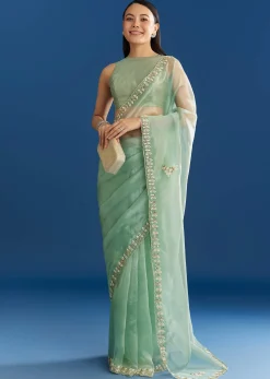 Light Green Organza Tissue Saree With Beaded Scallop Edge