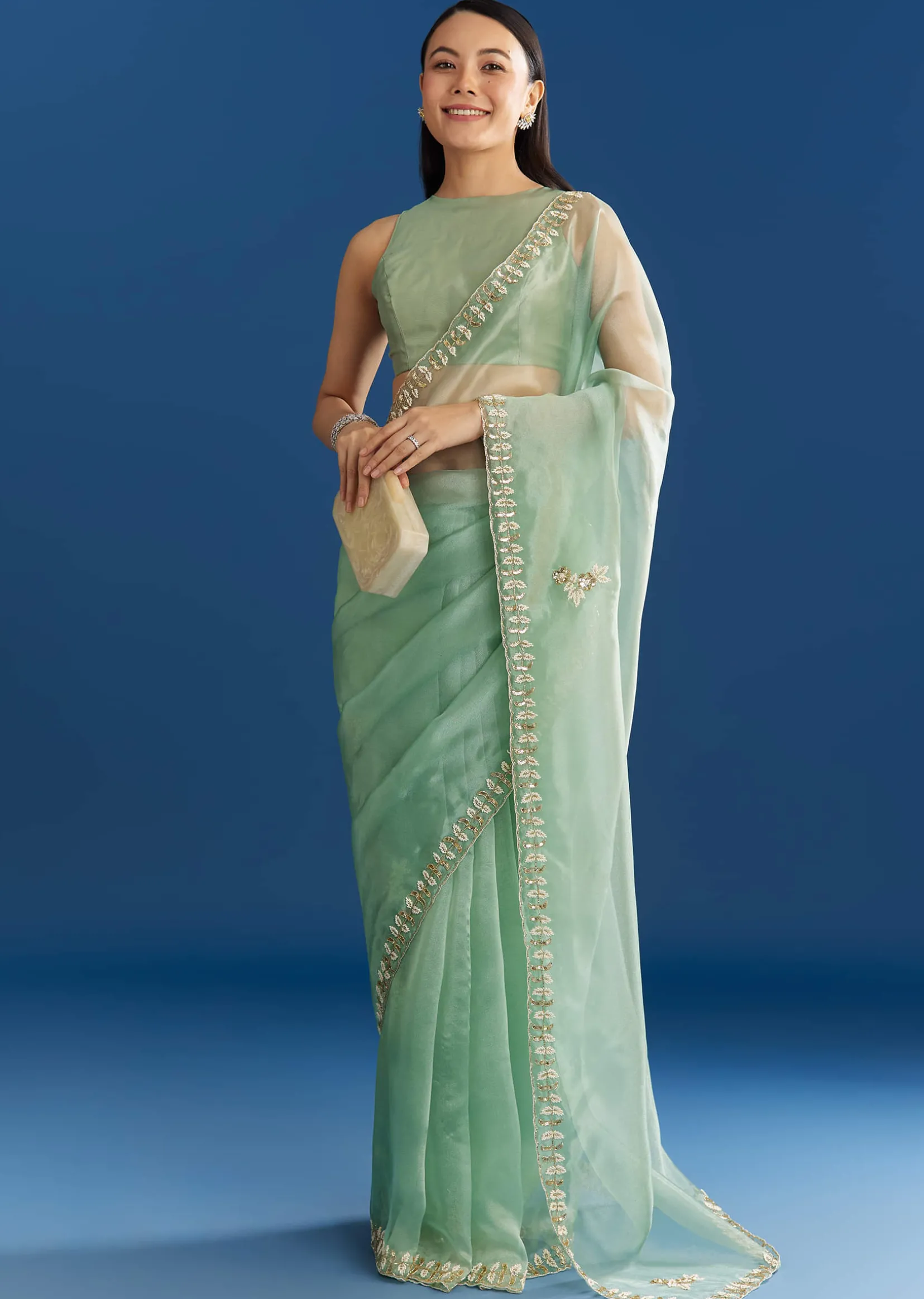Light Green Organza Tissue Saree With Beaded Scallop Edge