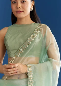 Light Green Organza Tissue Saree With Beaded Scallop Edge