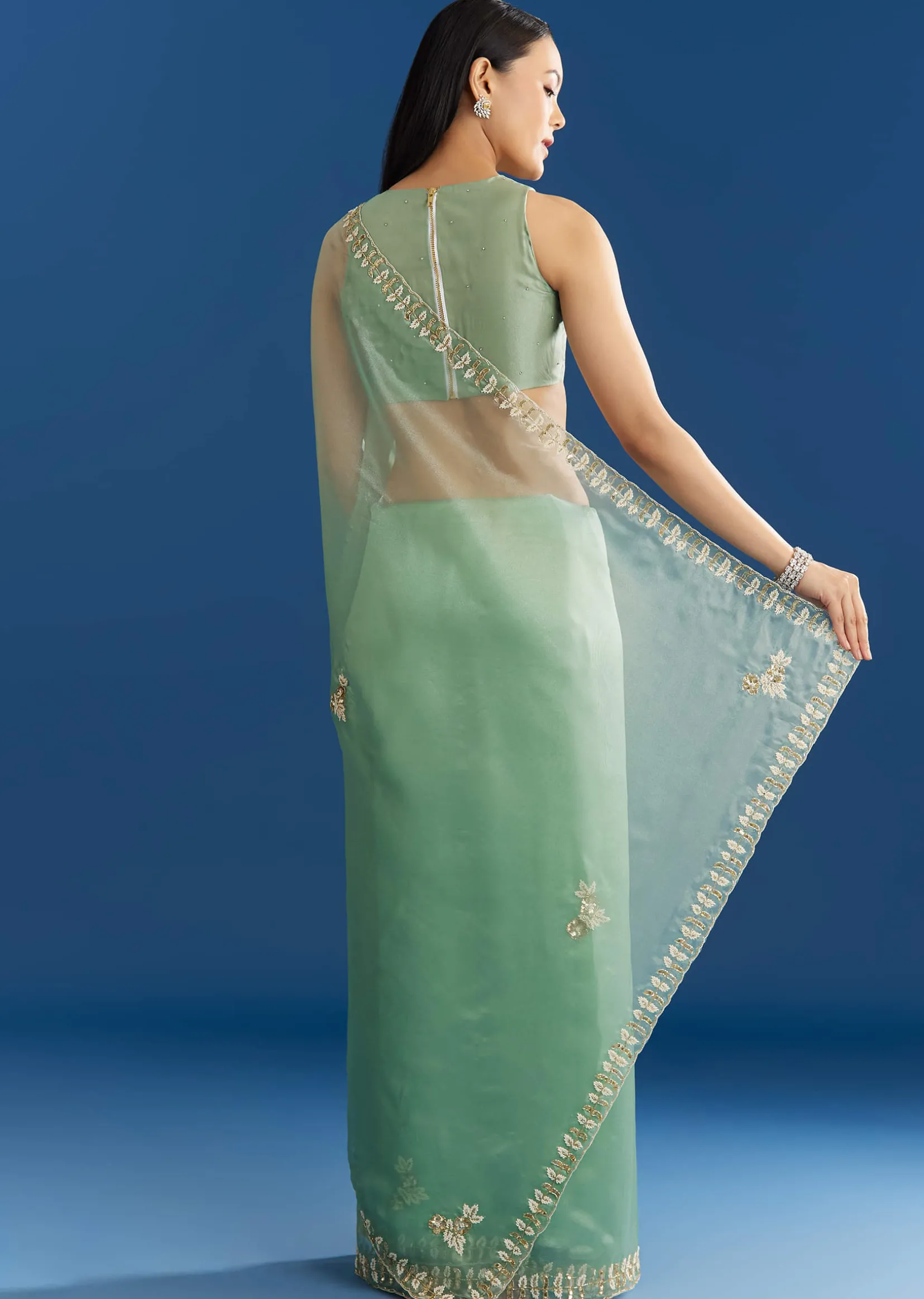 Light Green Organza Tissue Saree With Beaded Scallop Edge
