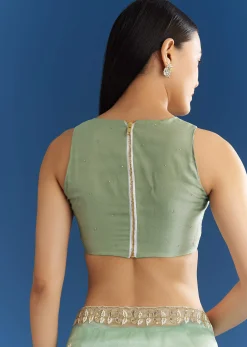 Light Green Organza Tissue Saree With Beaded Scallop Edge