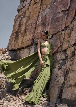Light Green Pre Stitched Layered Frill Saree With Blouse