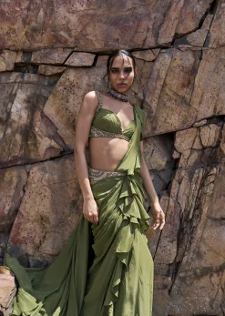 Light Green Pre Stitched Layered Frill Saree With Blouse