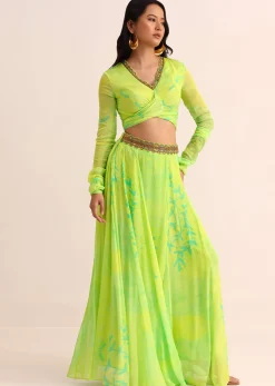 Light Green Printed Chiffon Crop Top And Palazzo