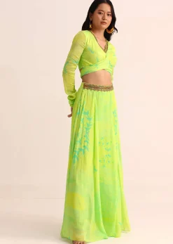 Light Green Printed Chiffon Crop Top And Palazzo