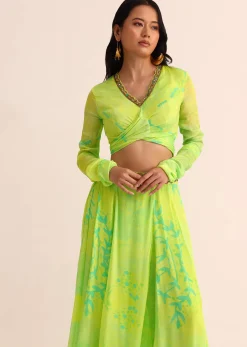 Light Green Printed Chiffon Crop Top And Palazzo