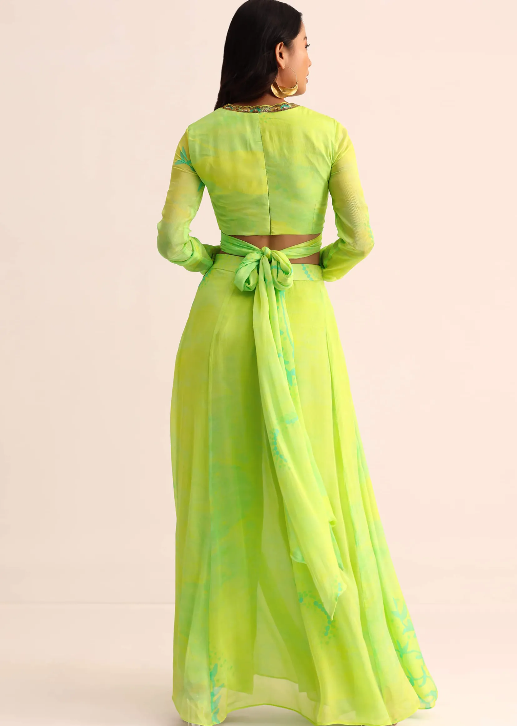 Light Green Printed Chiffon Crop Top And Palazzo
