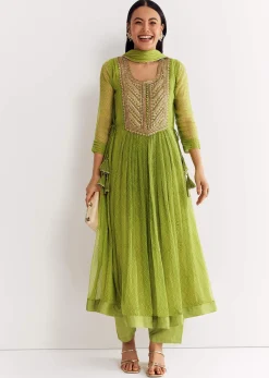 Light Green Printed Chiffon Kurta Dupatta Set With Sequin Work
