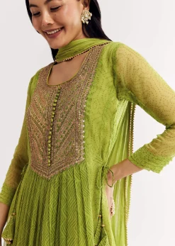 Light Green Printed Chiffon Kurta Dupatta Set With Sequin Work