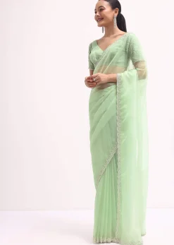 Light Green Scallop Border Saree With Unstitched Blouse