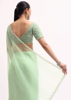Light Green Scallop Border Saree With Unstitched Blouse