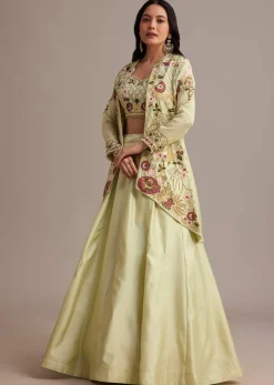 Light Green Silk Jacket Lehenga Set With Thread And Moti Work