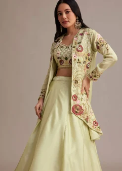 Light Green Silk Jacket Lehenga Set With Thread And Moti Work