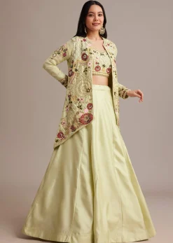 Light Green Silk Jacket Lehenga Set With Thread And Moti Work